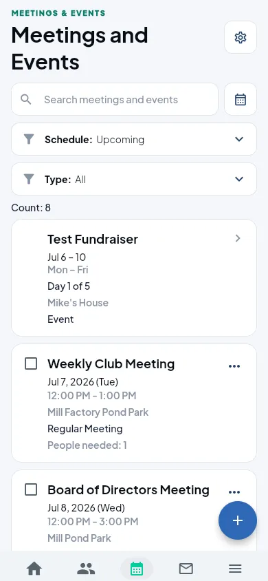 Meetings and events list in the MemberDay mobile app