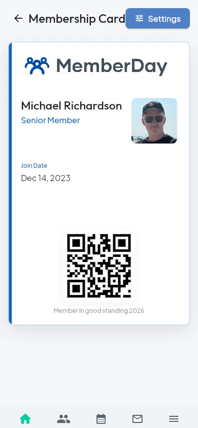 Digital membership card with QR code in the MemberDay mobile app