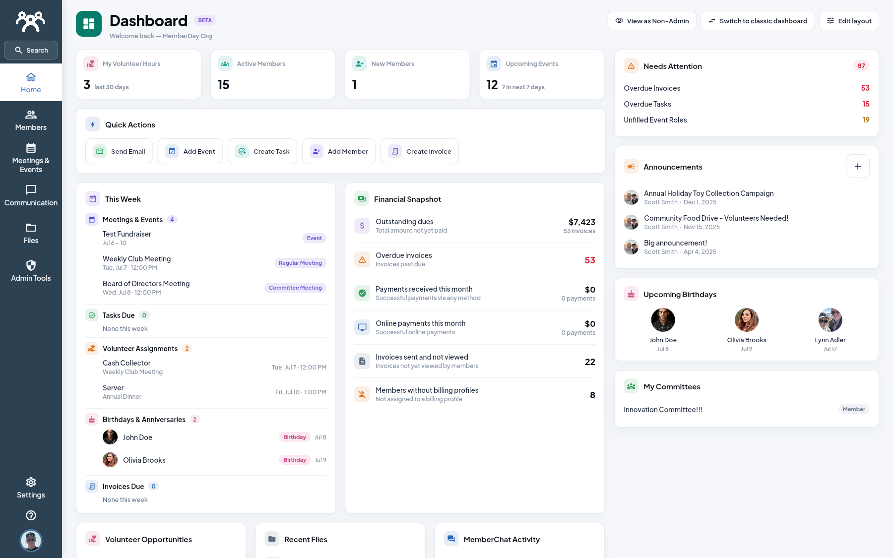 MemberDay club management dashboard showing members, events, finances, volunteer activities, announcements, files and communication tools