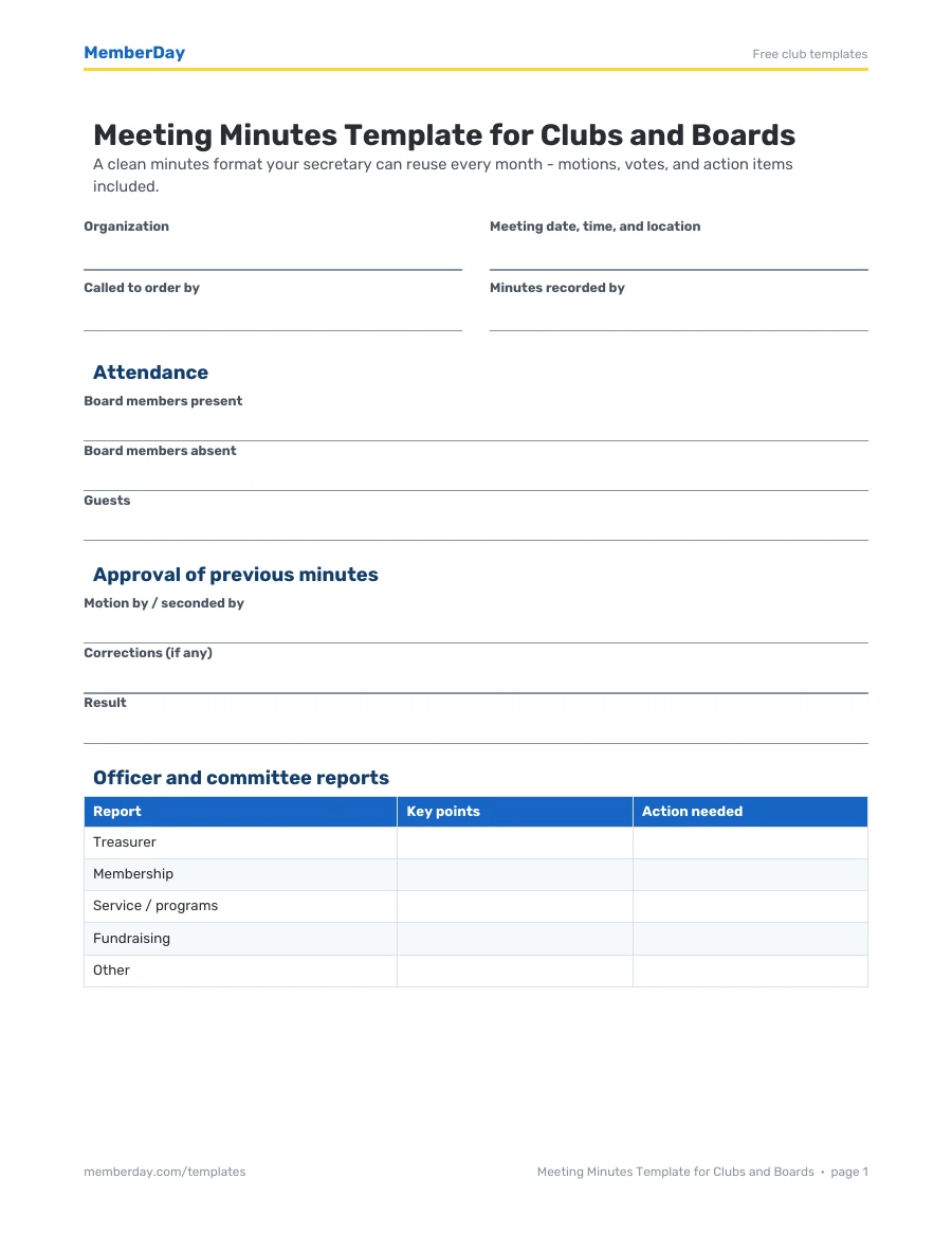 First page of the Meeting Minutes Template for Clubs and Boards PDF