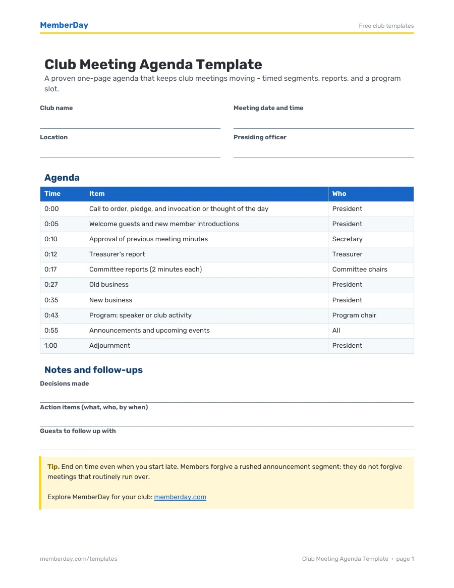 First page of the Club Meeting Agenda Template PDF