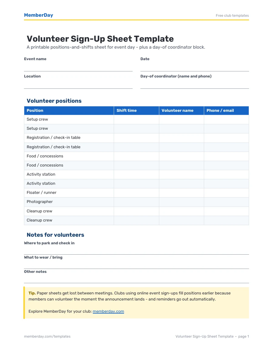 First page of the Volunteer Sign-Up Sheet Template PDF