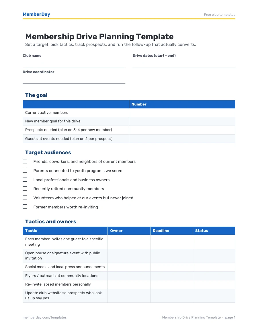 First page of the Membership Drive Planning Template PDF