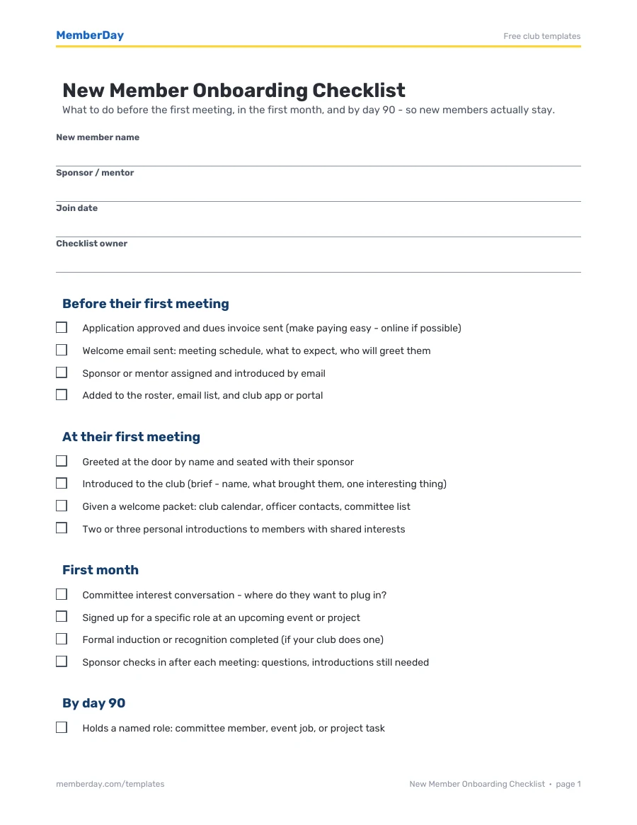 First page of the New Member Onboarding Checklist PDF