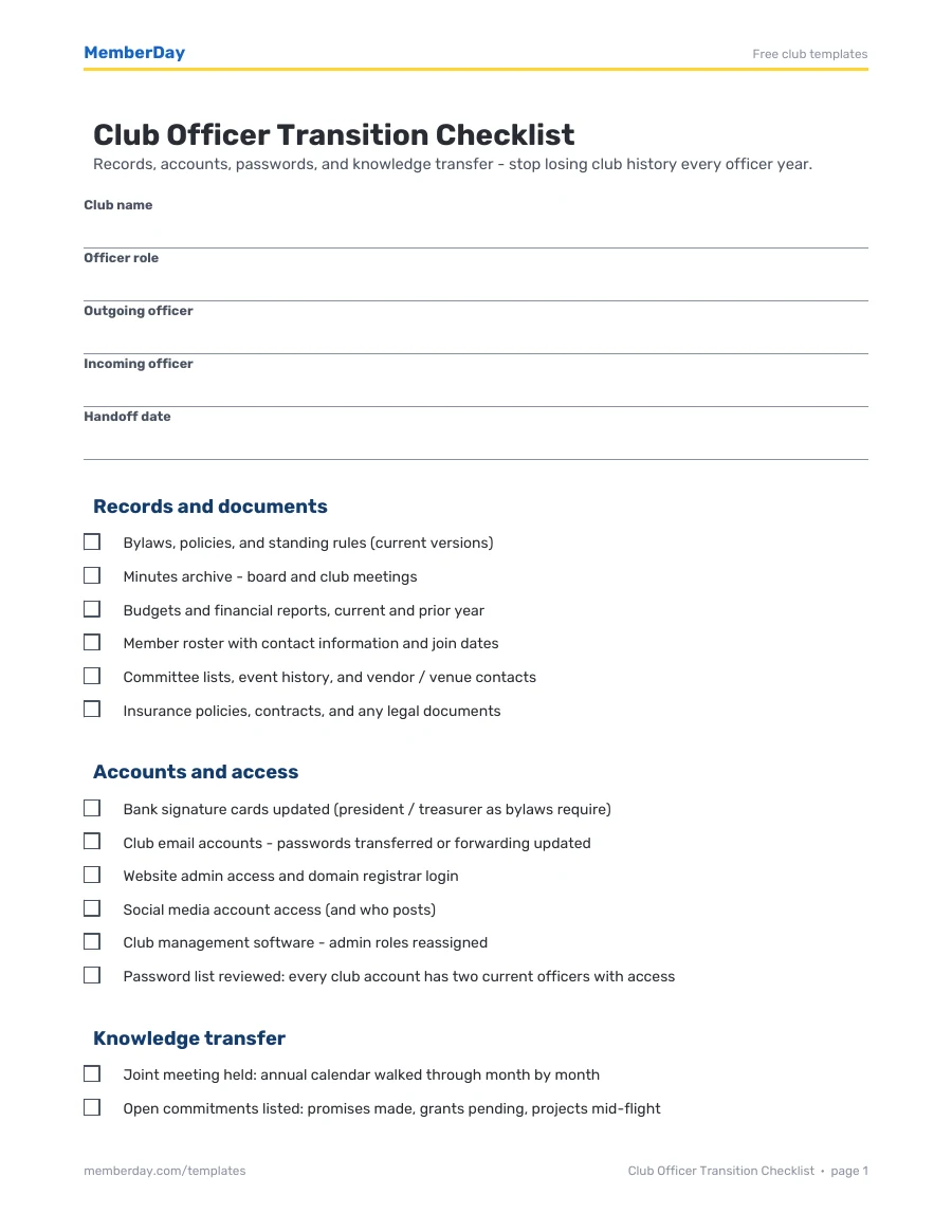 First page of the Club Officer Transition Checklist PDF